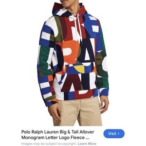 Polo Ralph Lauren Men Hoodie Sweatshirt 2XLT Logo Monogram Fleece Multicolor